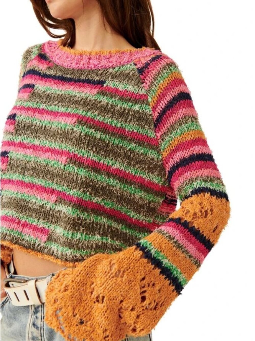 Free People Butterfly Pullover cropped sweater in pink/sage combo size S